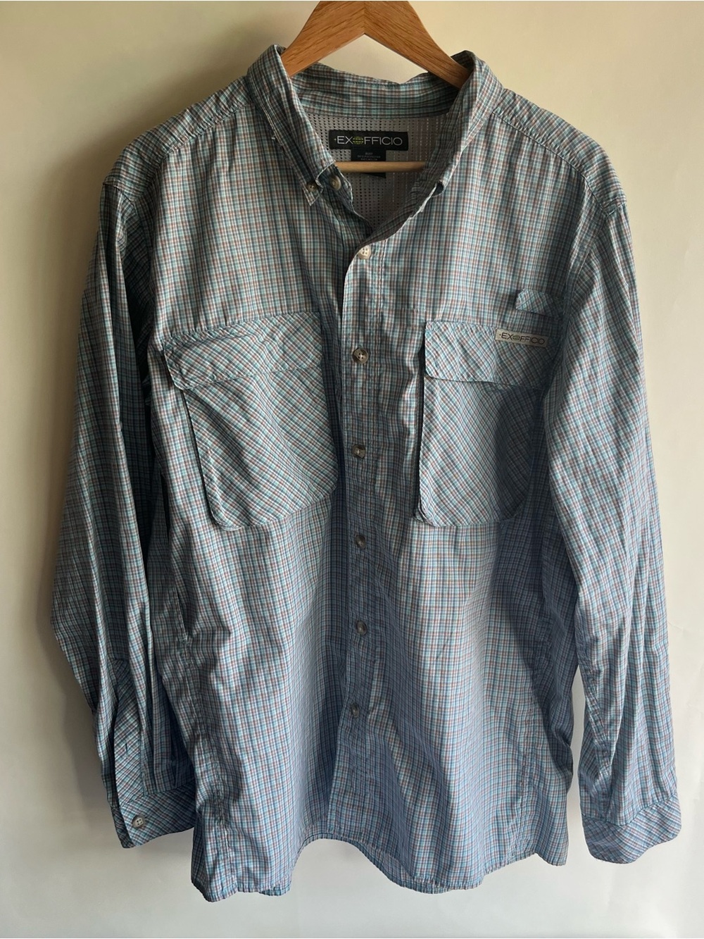 Exofficio Airstrip Shirt Sz XL Men’s Roll Tab Sleeve Sun Collar Utility Loop EUC